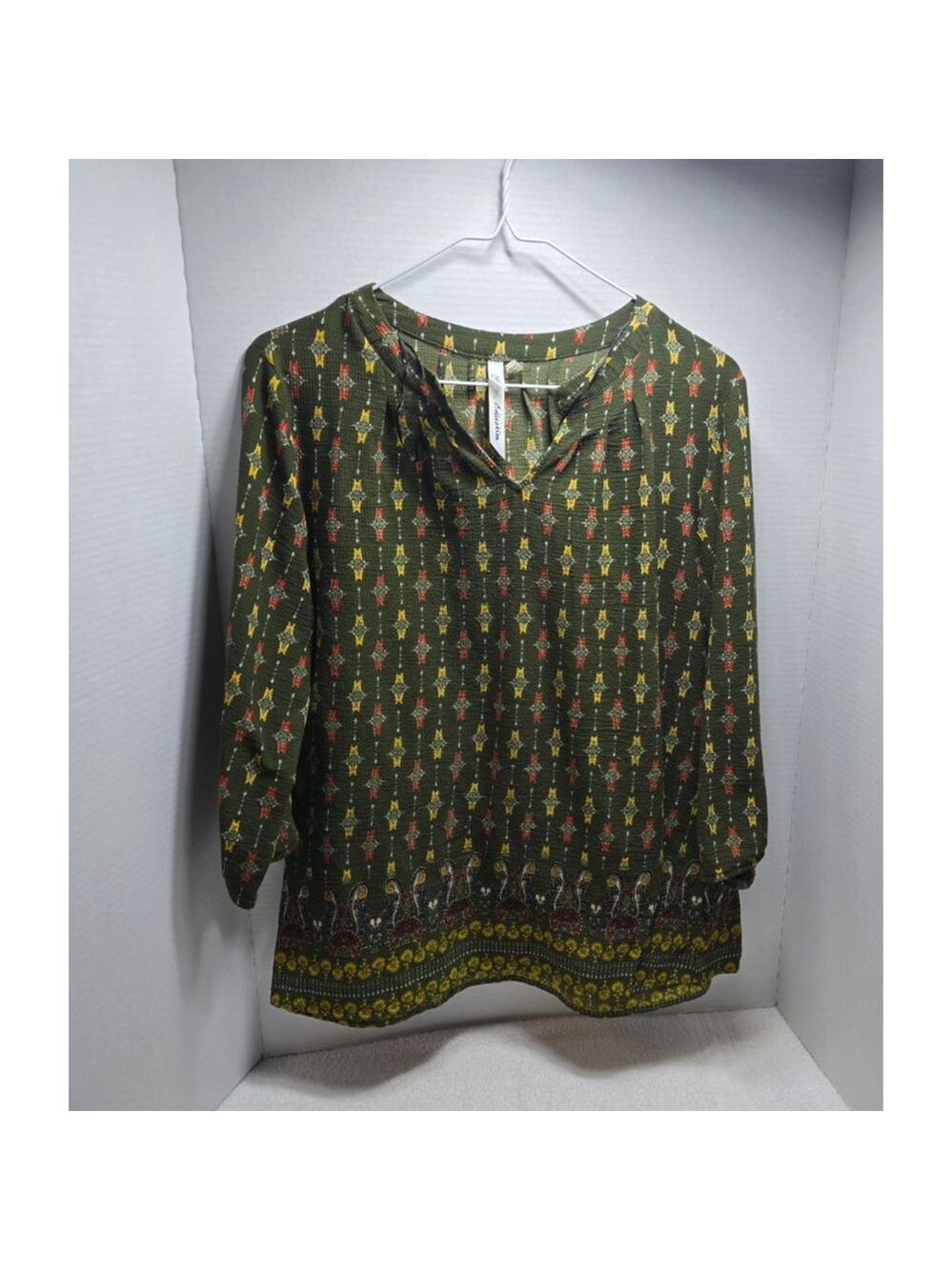 Women's NY Collection Blouse L Green Yellow Patterned